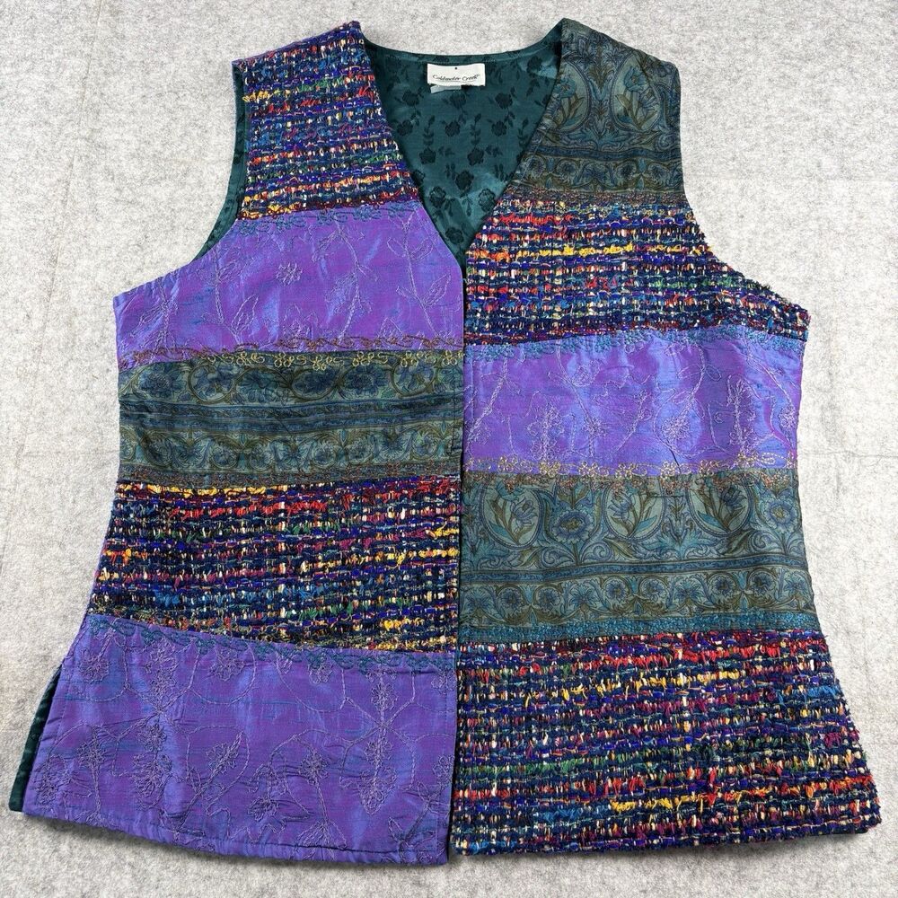 Vintage Coldwater Creek Purple Patchwork Tapestry Vest Womens L Jacquard Boho